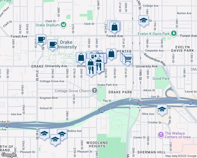 map of restaurants, bars, coffee shops, grocery stores, and more near 1147 24th Street in Des Moines