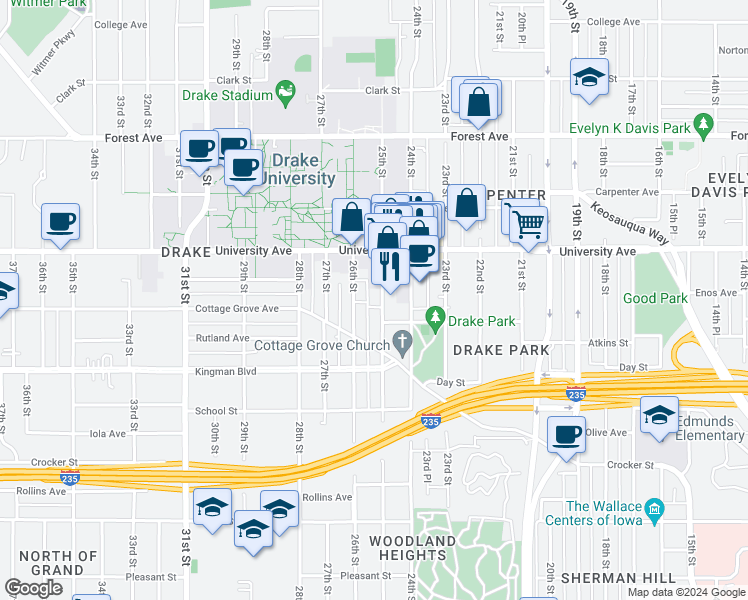 map of restaurants, bars, coffee shops, grocery stores, and more near 1151 25th Street in Des Moines