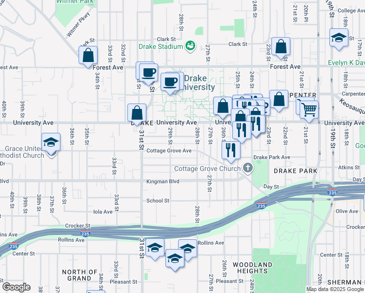 map of restaurants, bars, coffee shops, grocery stores, and more near 2821 Brattleboro Avenue in Des Moines