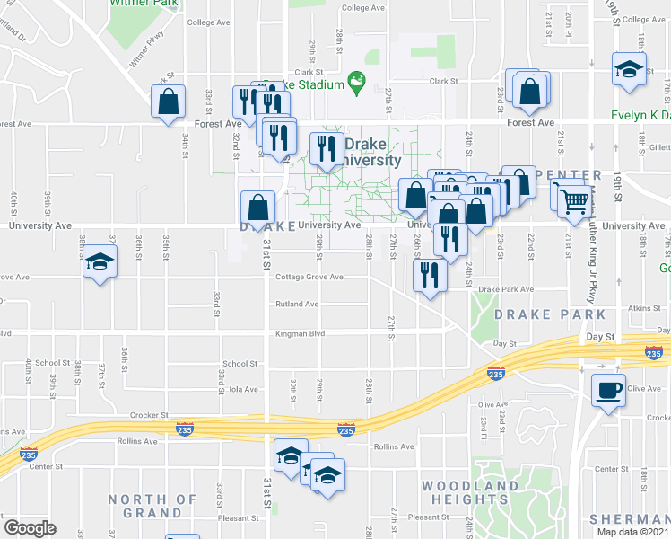 map of restaurants, bars, coffee shops, grocery stores, and more near 2821 Brattleboro Avenue in Des Moines