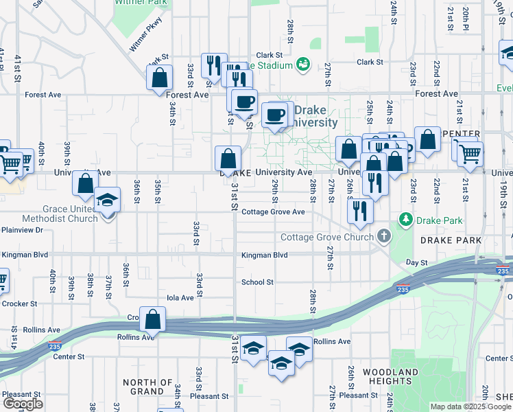 map of restaurants, bars, coffee shops, grocery stores, and more near 2932 Brattleboro Avenue in Des Moines