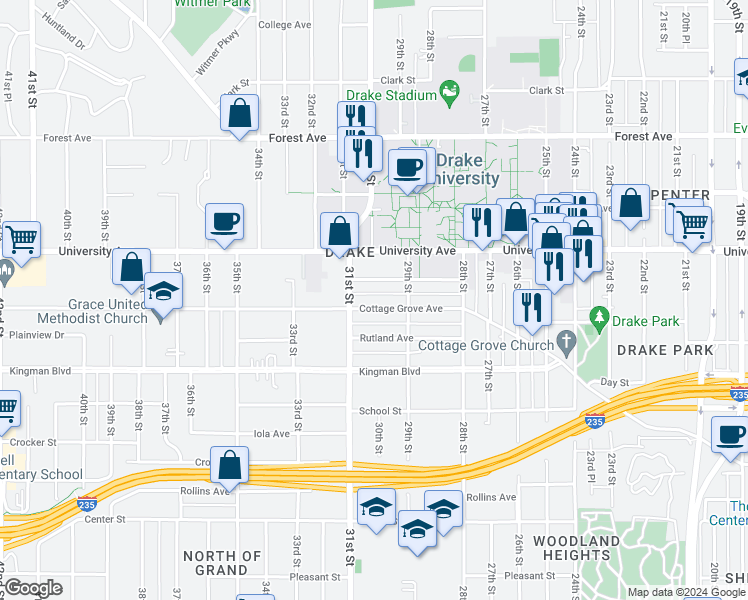 map of restaurants, bars, coffee shops, grocery stores, and more near 2932 Brattleboro Avenue in Des Moines