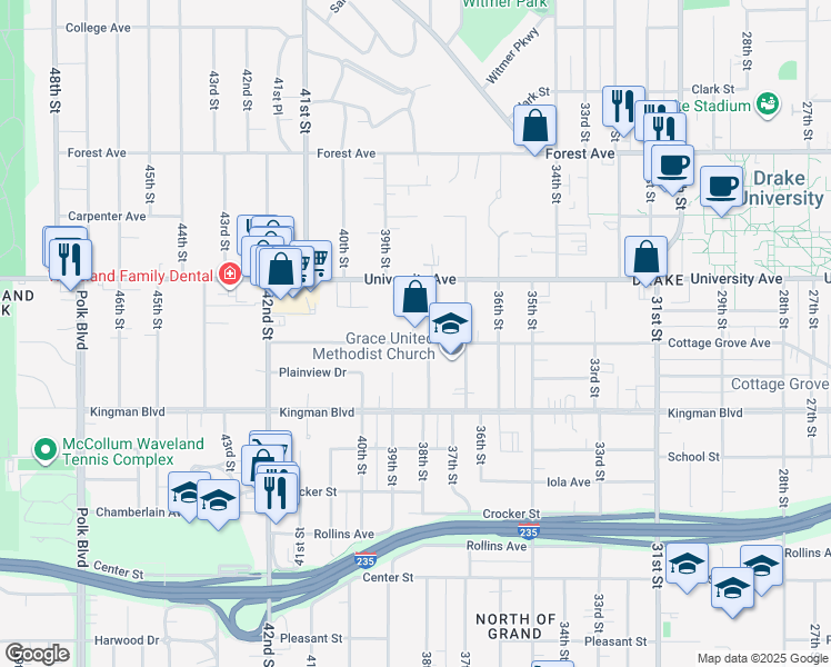 map of restaurants, bars, coffee shops, grocery stores, and more near 1131 39th Street in Des Moines
