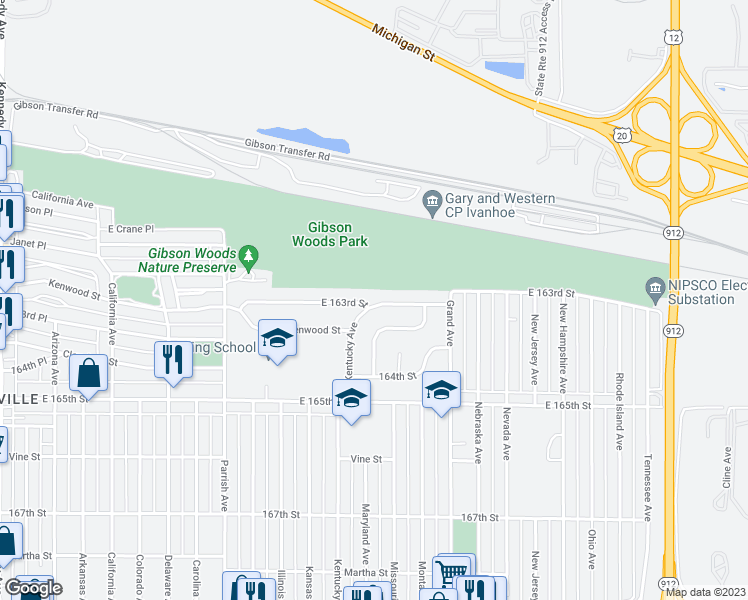 map of restaurants, bars, coffee shops, grocery stores, and more near 3433 East 163rd Street in Hammond