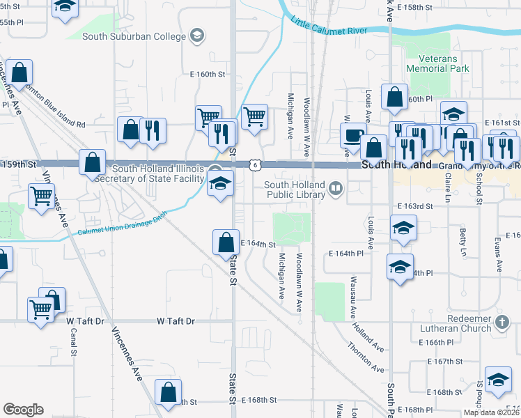map of restaurants, bars, coffee shops, grocery stores, and more near 43 East 163rd Street in South Holland