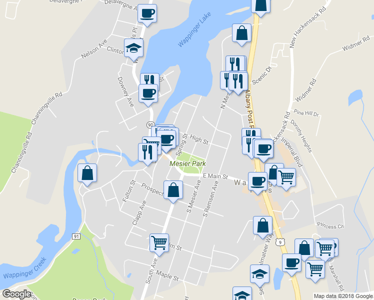map of restaurants, bars, coffee shops, grocery stores, and more near 4 Park Street in Wappingers Falls
