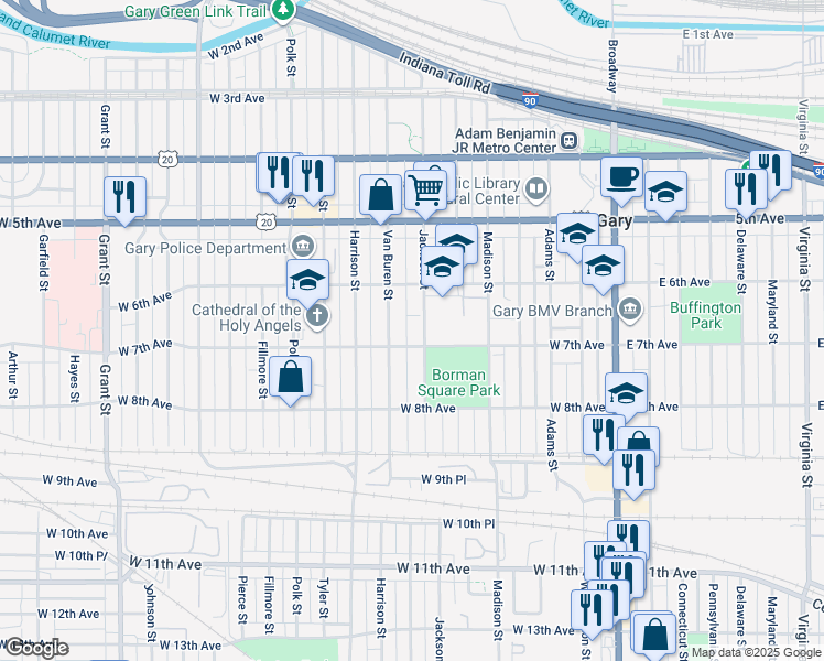 map of restaurants, bars, coffee shops, grocery stores, and more near 650 Jackson Street in Gary