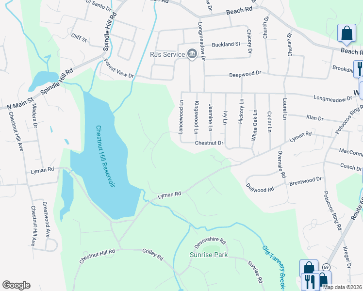 map of restaurants, bars, coffee shops, grocery stores, and more near 40 Chestnut Drive in Wolcott