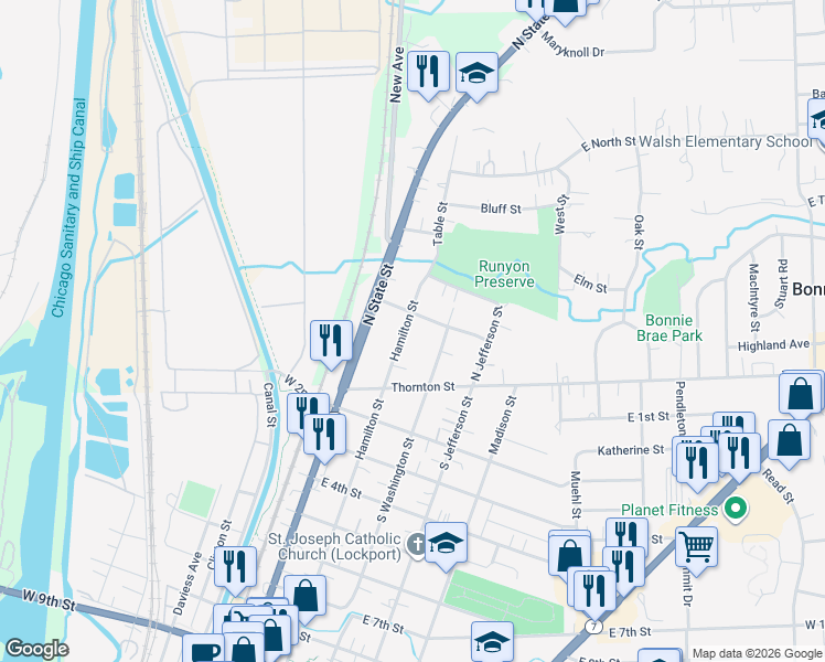 map of restaurants, bars, coffee shops, grocery stores, and more near 164 North Hamilton Street in Lockport