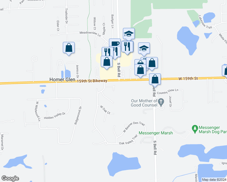 map of restaurants, bars, coffee shops, grocery stores, and more near 12849 Pheasant Court in Homer Glen