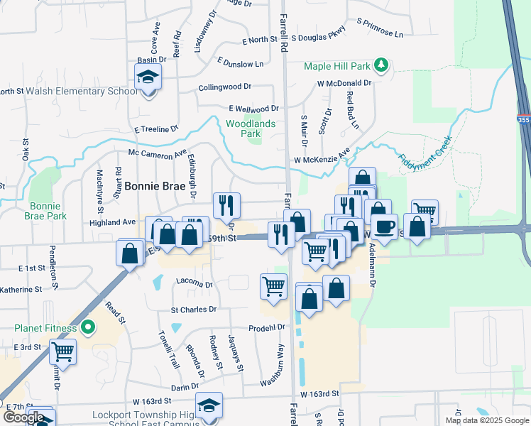 map of restaurants, bars, coffee shops, grocery stores, and more near 1315 Argo Lane in Lockport