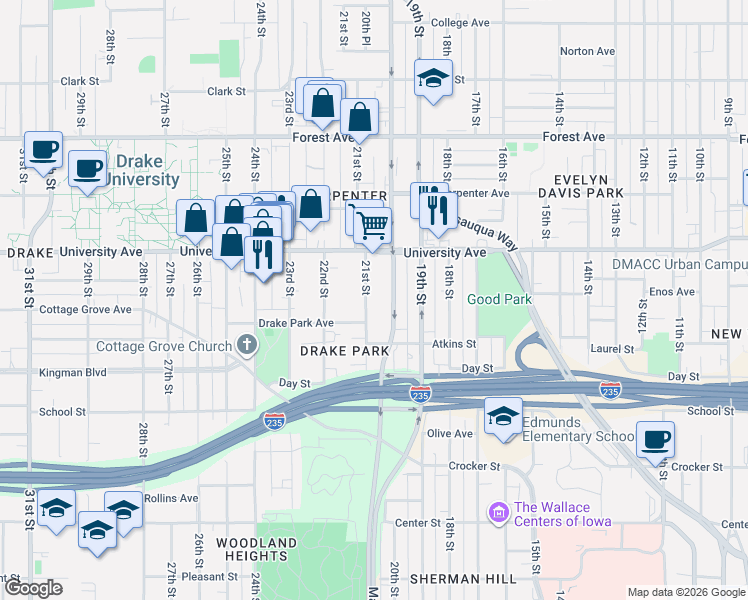 map of restaurants, bars, coffee shops, grocery stores, and more near 1162 21st Street in Des Moines