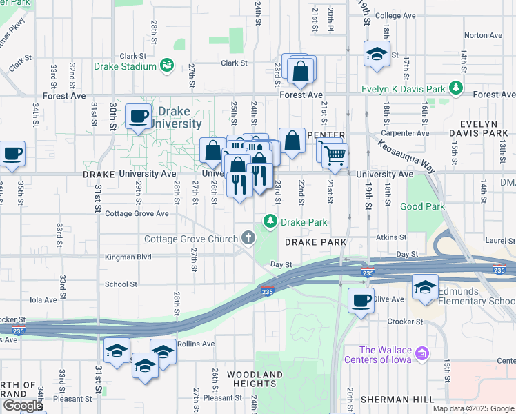map of restaurants, bars, coffee shops, grocery stores, and more near 1147 24th Street in Des Moines