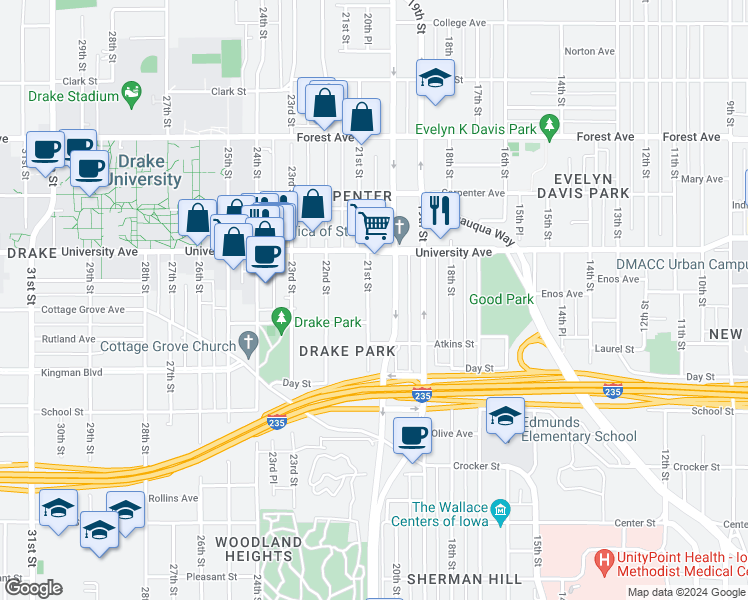 map of restaurants, bars, coffee shops, grocery stores, and more near 1143 21st Street in Des Moines