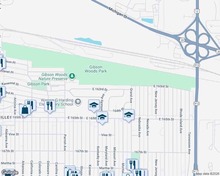 map of restaurants, bars, coffee shops, grocery stores, and more near 3437 East 163rd Street in Hammond