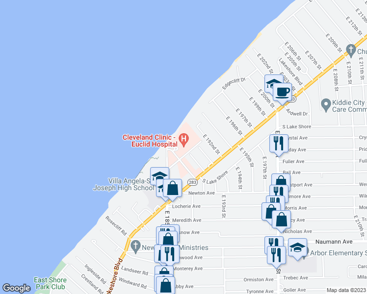 map of restaurants, bars, coffee shops, grocery stores, and more near 18901 Lakeshore Boulevard in Euclid
