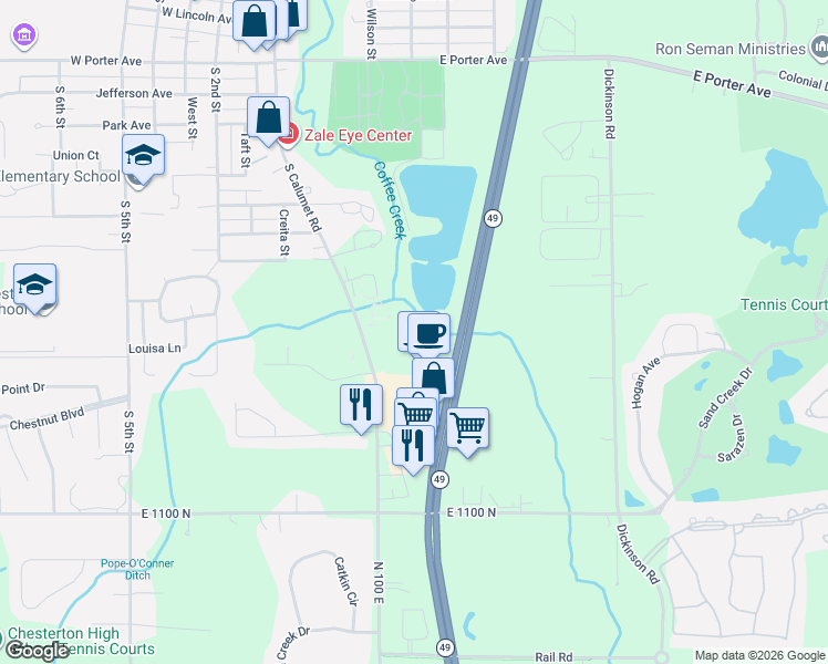 map of restaurants, bars, coffee shops, grocery stores, and more near 120 Abbey Lane in Chesterton