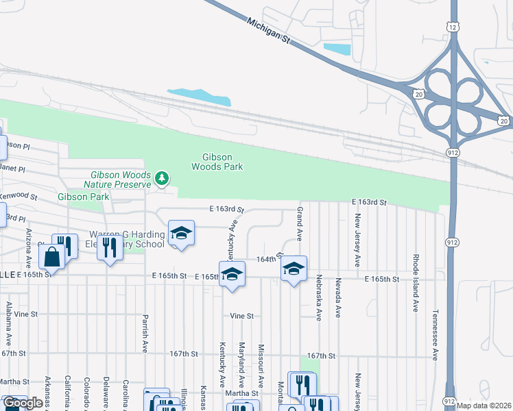 map of restaurants, bars, coffee shops, grocery stores, and more near 3437 East 163rd Street in Hammond
