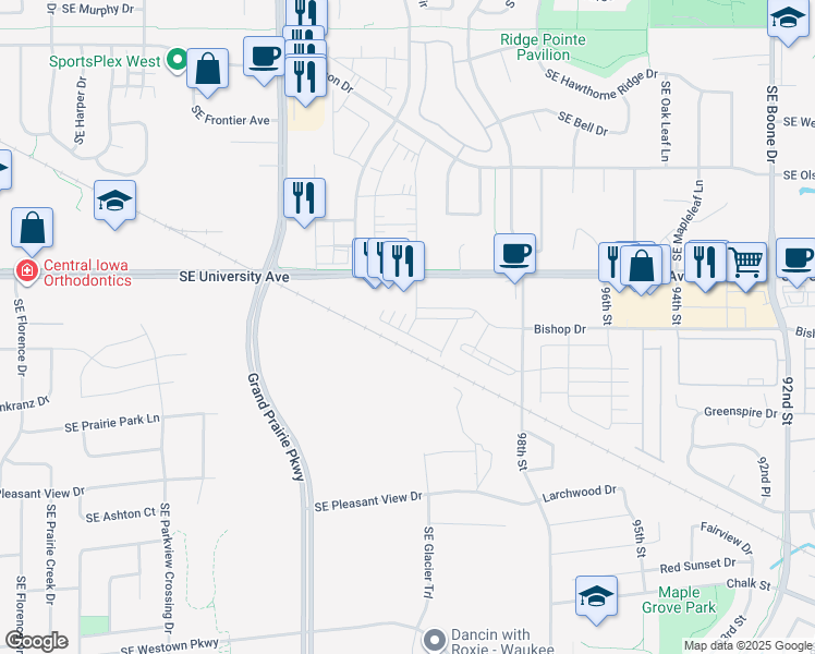 map of restaurants, bars, coffee shops, grocery stores, and more near 1272 Southeast Bishop Drive in Waukee