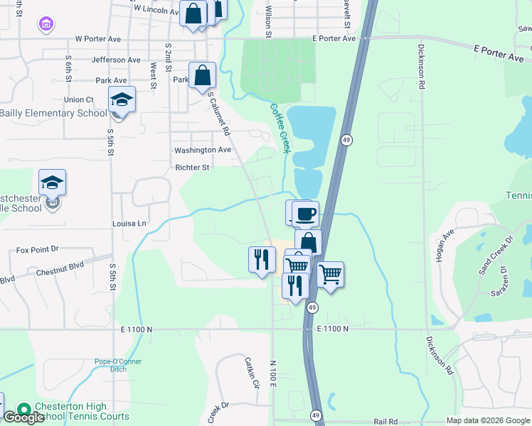 map of restaurants, bars, coffee shops, grocery stores, and more near 5A Abbey Lane in Chesterton