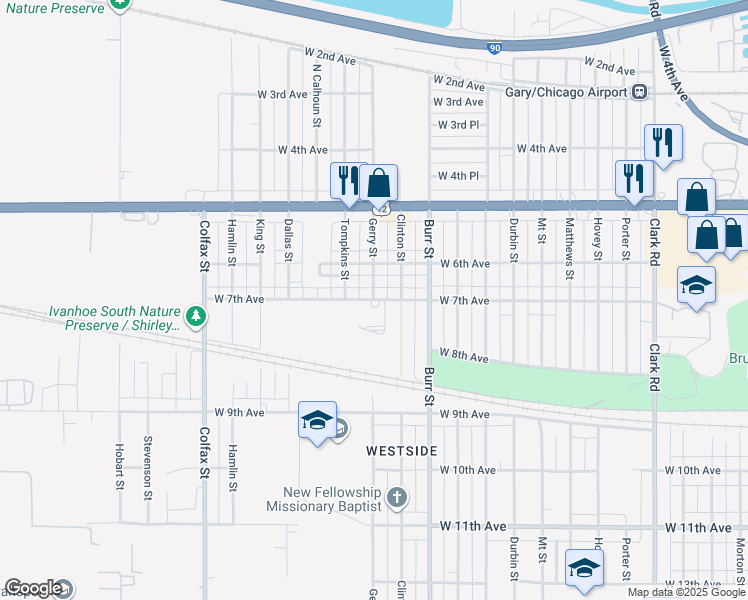 map of restaurants, bars, coffee shops, grocery stores, and more near 698 Gerry Street in Gary