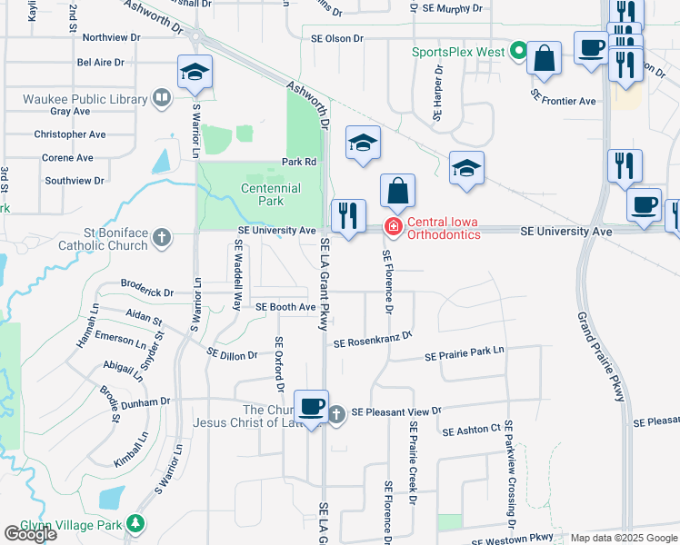 map of restaurants, bars, coffee shops, grocery stores, and more near 1300 Southeast LA Grant Parkway in Waukee