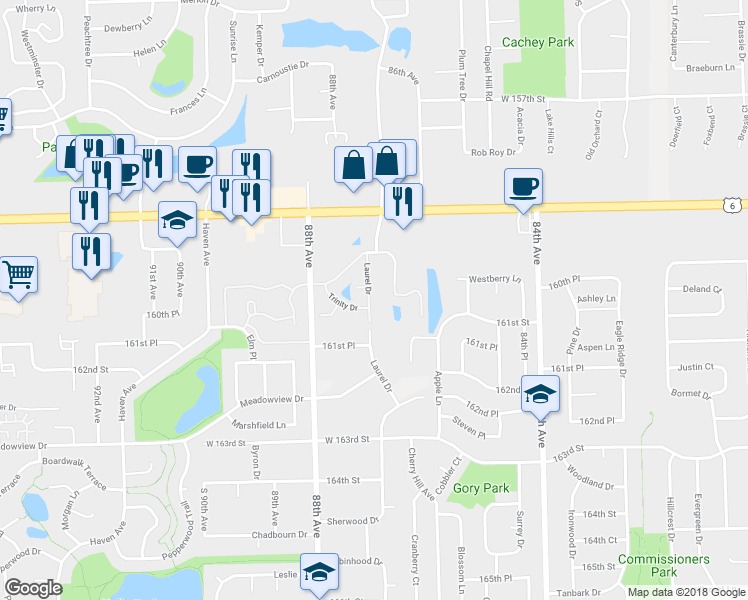 map of restaurants, bars, coffee shops, grocery stores, and more near 16035 Laurel Drive in Orland Park