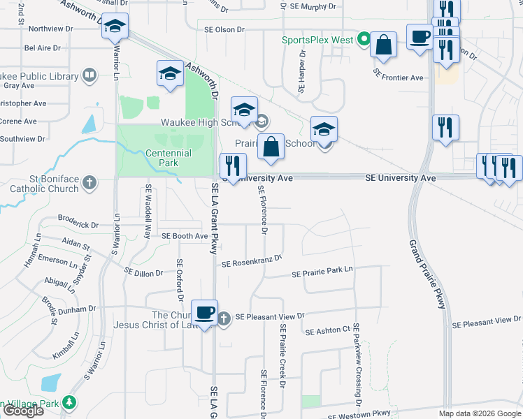 map of restaurants, bars, coffee shops, grocery stores, and more near 1200 Southeast Florence Drive in Waukee