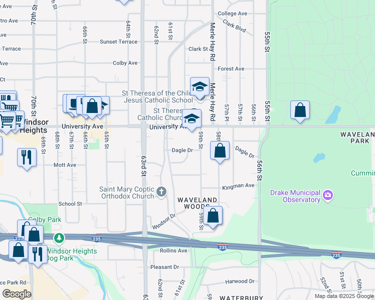 map of restaurants, bars, coffee shops, grocery stores, and more near 5999 Dagle Drive in Des Moines