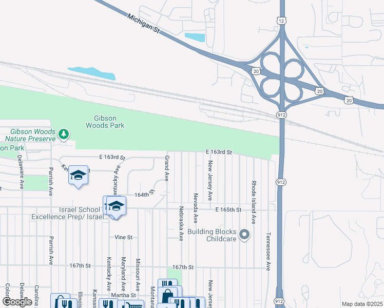 map of restaurants, bars, coffee shops, grocery stores, and more near 3701-3727 E 163rd St in Hammond