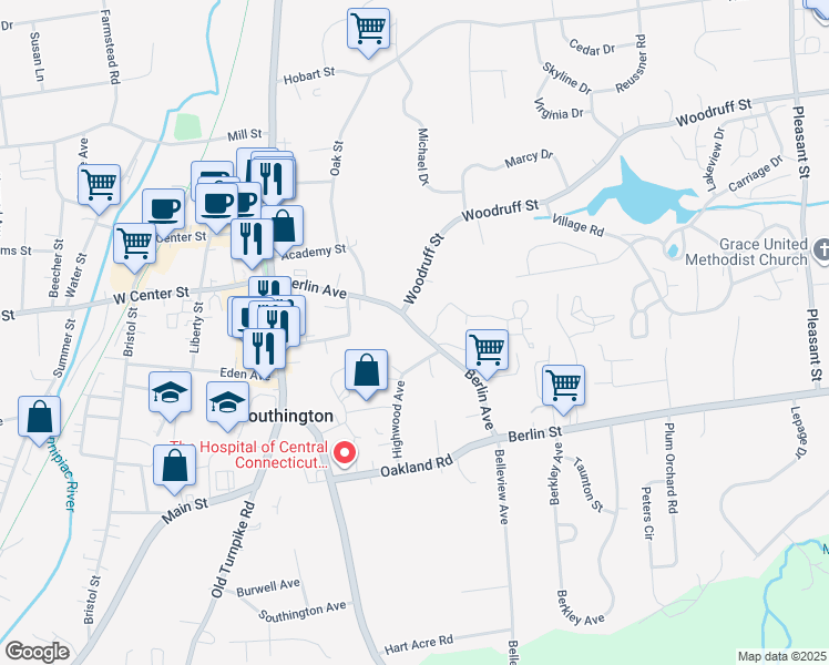 map of restaurants, bars, coffee shops, grocery stores, and more near 7 Woodruff Street in Southington