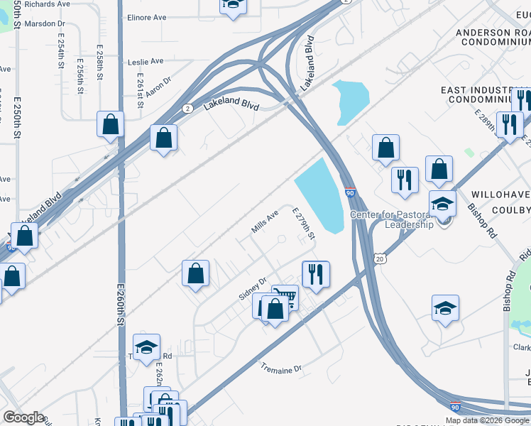 map of restaurants, bars, coffee shops, grocery stores, and more near 27801 Mills Avenue in Euclid