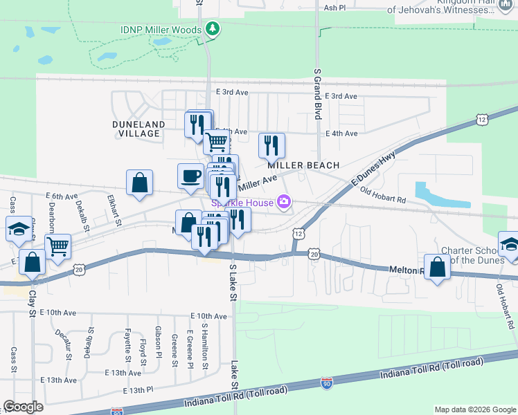 map of restaurants, bars, coffee shops, grocery stores, and more near 6025 Miller Avenue in Gary