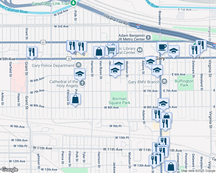 map of restaurants, bars, coffee shops, grocery stores, and more near 630 Jackson Street in Gary