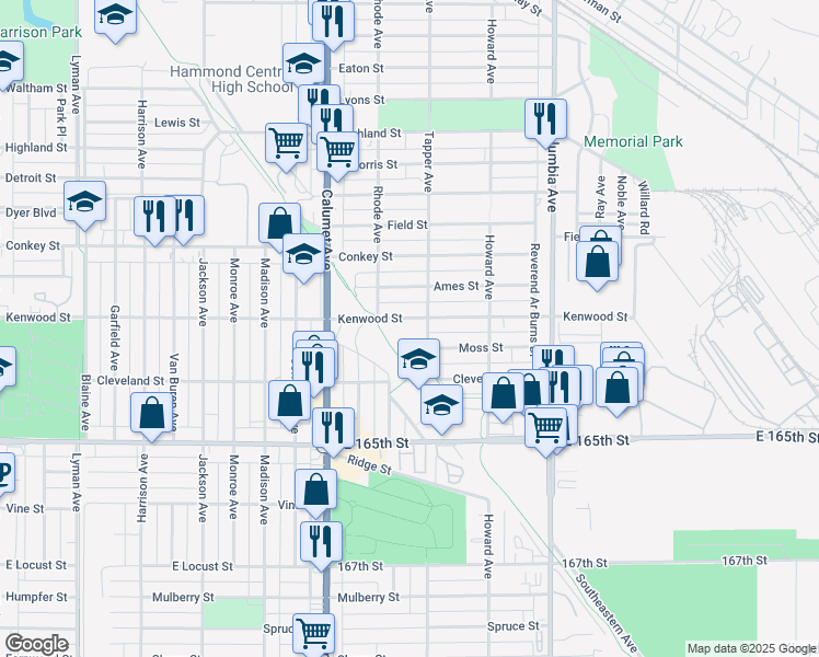 map of restaurants, bars, coffee shops, grocery stores, and more near 931 Kenwood Street in Hammond