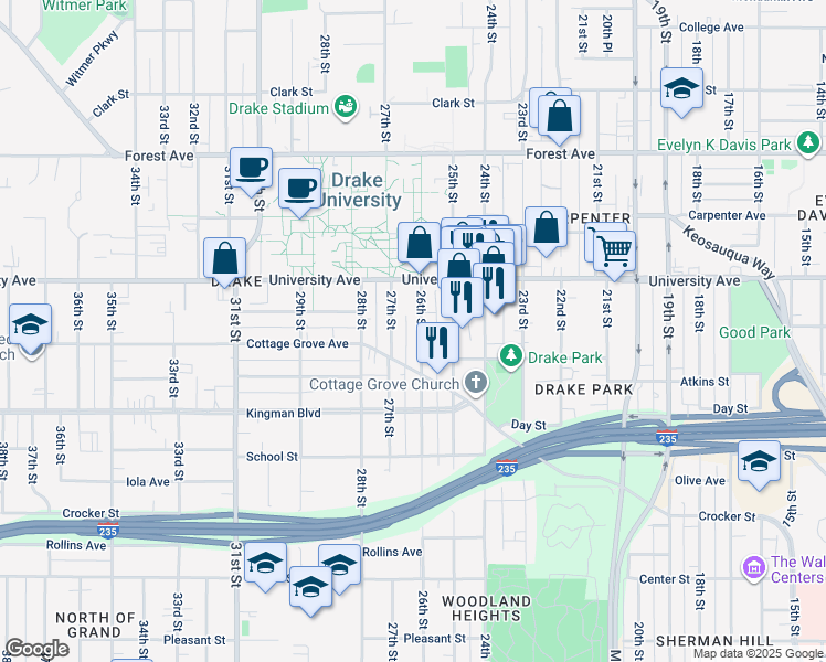 map of restaurants, bars, coffee shops, grocery stores, and more near 1140 26th Street in Des Moines