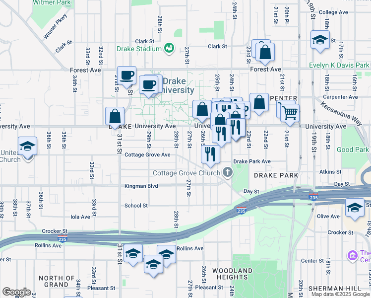 map of restaurants, bars, coffee shops, grocery stores, and more near 1139 28th Street in Des Moines