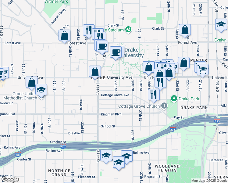 map of restaurants, bars, coffee shops, grocery stores, and more near 2905 Brattleboro Avenue in Des Moines