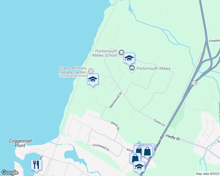 map of restaurants, bars, coffee shops, grocery stores, and more near 284 Corys Lane in Portsmouth