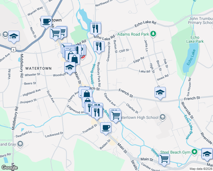 map of restaurants, bars, coffee shops, grocery stores, and more near 178 Greenwood Street in Watertown