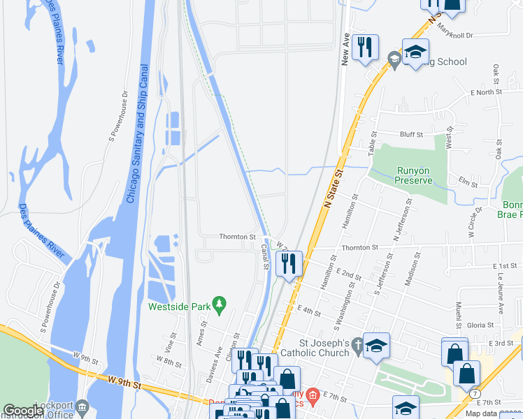 map of restaurants, bars, coffee shops, grocery stores, and more near Gaylord Donnely Trail in Lockport