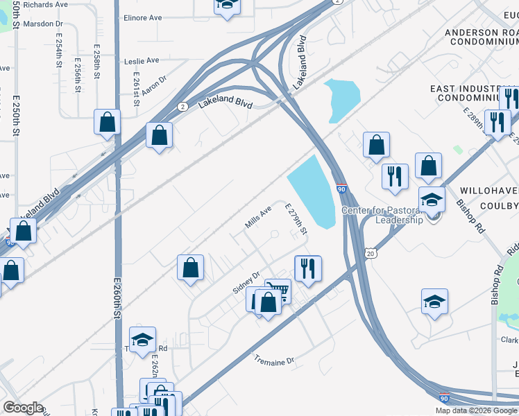map of restaurants, bars, coffee shops, grocery stores, and more near 27801 Mills Avenue in Euclid