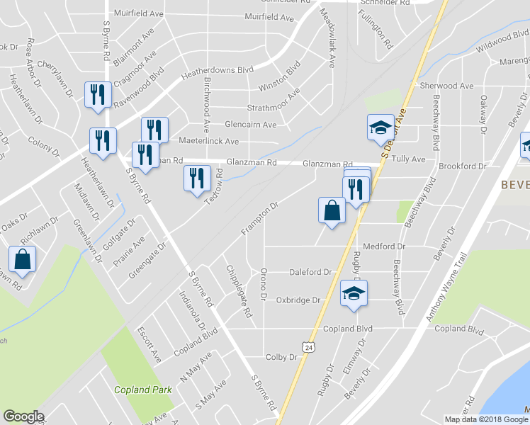map of restaurants, bars, coffee shops, grocery stores, and more near 3701 Orono Drive in Toledo