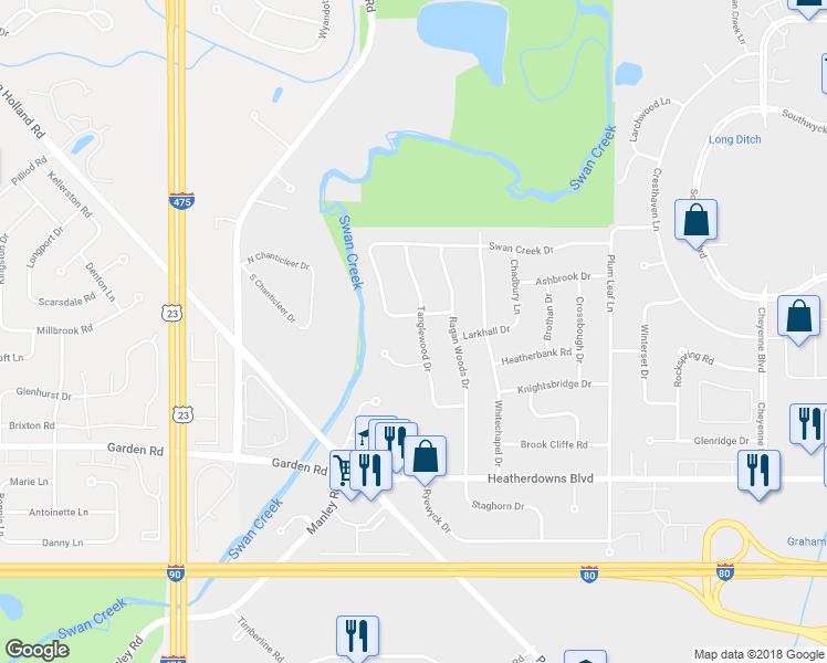 map of restaurants, bars, coffee shops, grocery stores, and more near 2248 Tanglewood Drive in Toledo