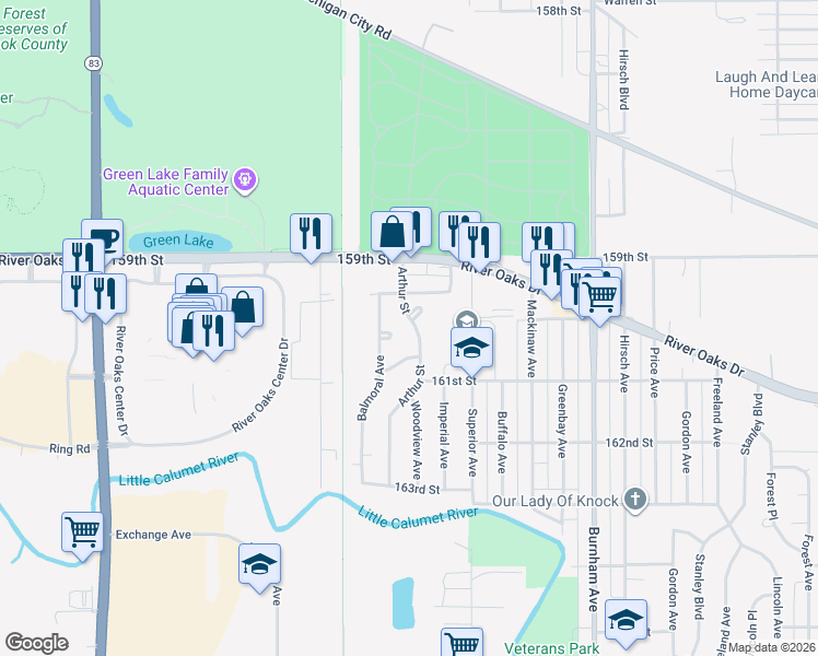 map of restaurants, bars, coffee shops, grocery stores, and more near 1250 Arthur Street in Calumet City