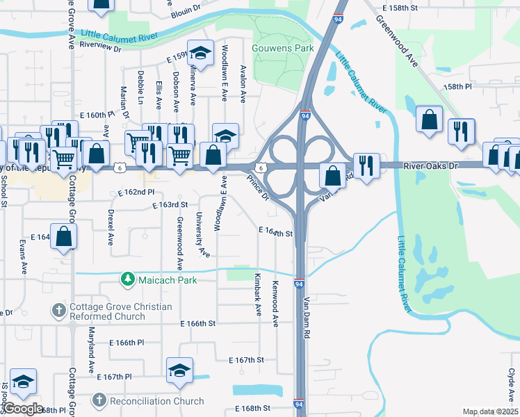 map of restaurants, bars, coffee shops, grocery stores, and more near 16262 Prince Drive in South Holland
