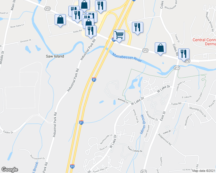 map of restaurants, bars, coffee shops, grocery stores, and more near 39 Russett Lane in Middletown
