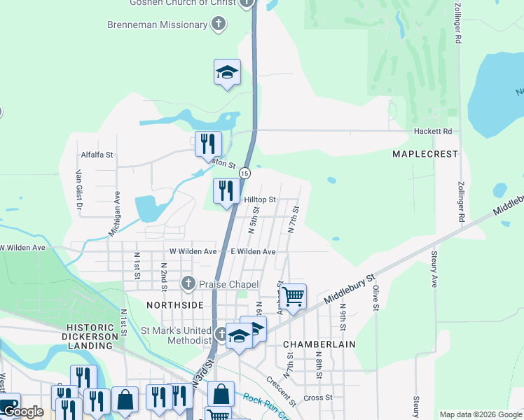 map of restaurants, bars, coffee shops, grocery stores, and more near 1014 N 5th St in Goshen
