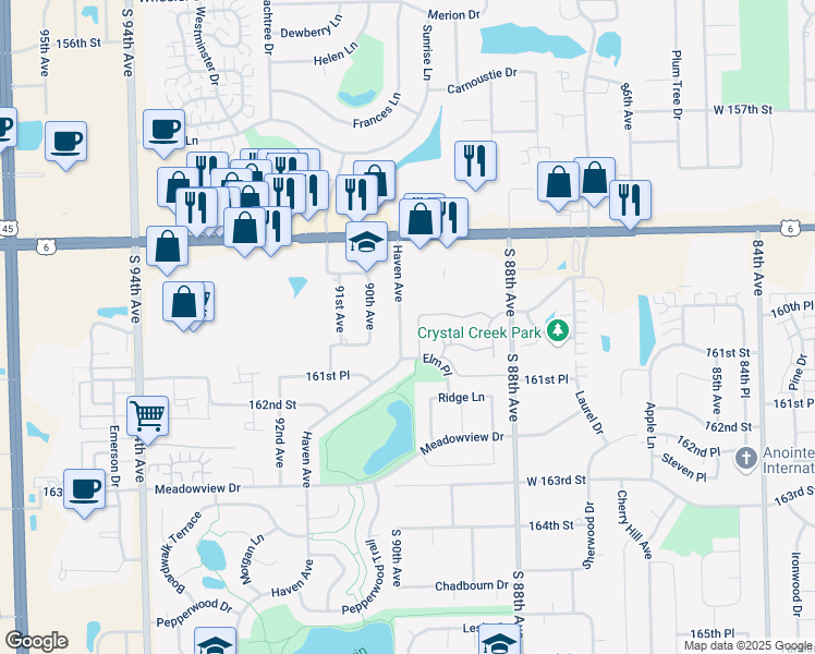 map of restaurants, bars, coffee shops, grocery stores, and more near 8901 159th Street in Orland Hills