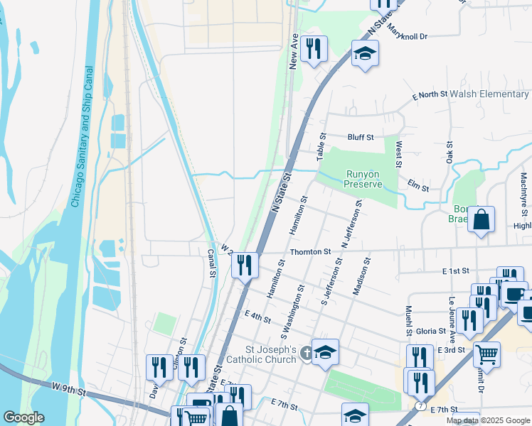 map of restaurants, bars, coffee shops, grocery stores, and more near 175 North State Street in Lockport